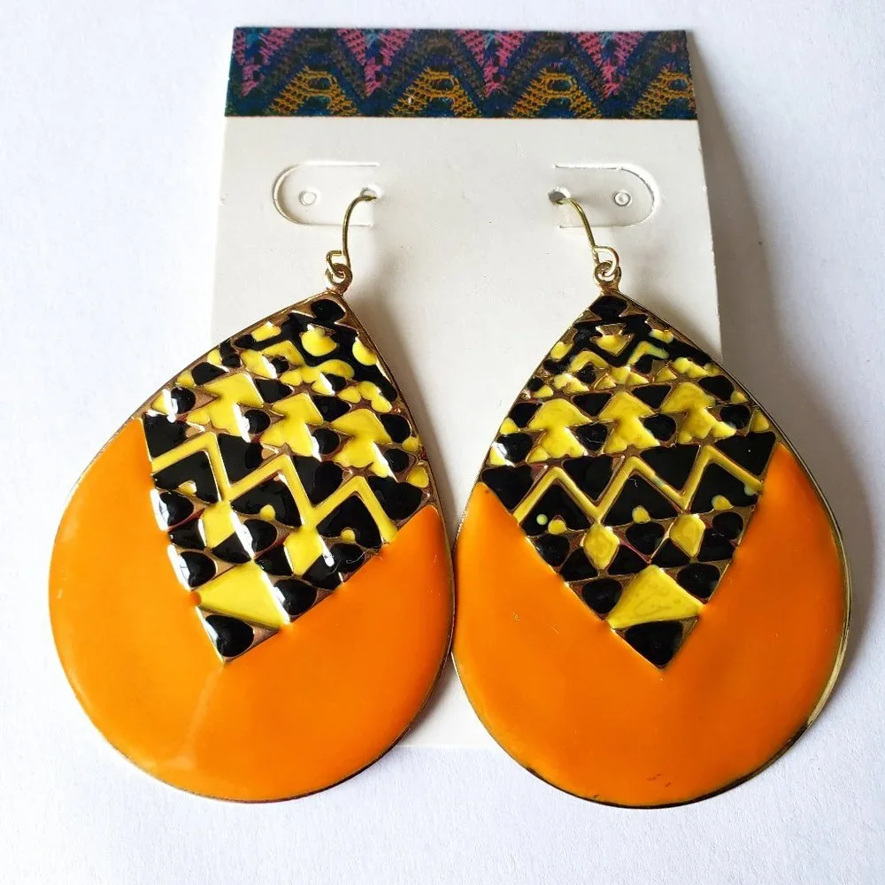 Huge Boho Tribal Orange Black Yellow Teardrop Dangle Pierced Earrings
